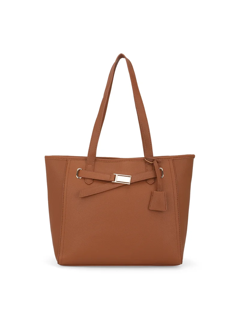 globus Globus Women Tan Textured Buckle Detail Double Handle Workwear Tote Bag